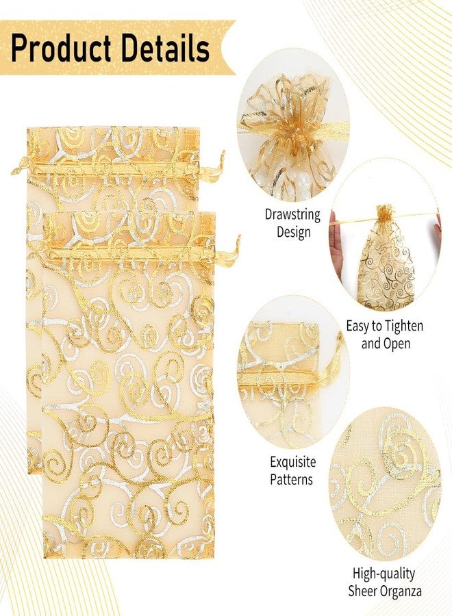 WSepascI Organza Gift Bags, 50Pcs Gold Sheer Organza Bags, 4 × 6 Inch Mesh Drawstring Bag, Rattan Printed Jewelry Gift Pouches Candy Bag for Valentines Wedding Couple Shower Birthday Christmas Party Favors - Image 3